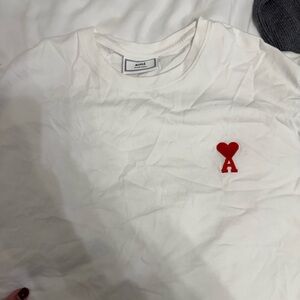Ami Women's White Tee with Red Heart Detail